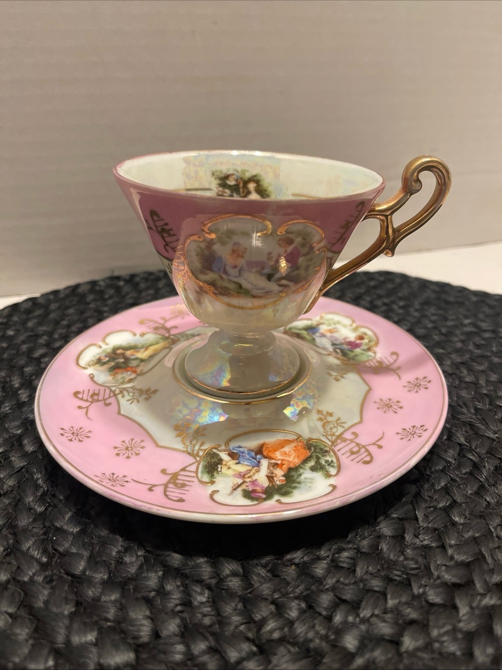 Antique Tea cup & Saucer luster ware Pink Gold-Trimmed Courting